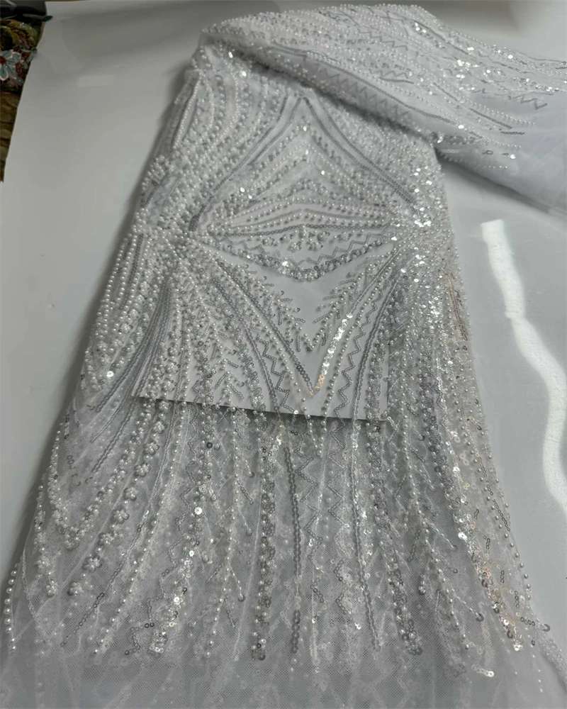 

African Sequins Beaded Groom Lace Fabric High Quality French Tulle Lace Fabric Embroidery Nigerian Lace Fabrics Sewing
