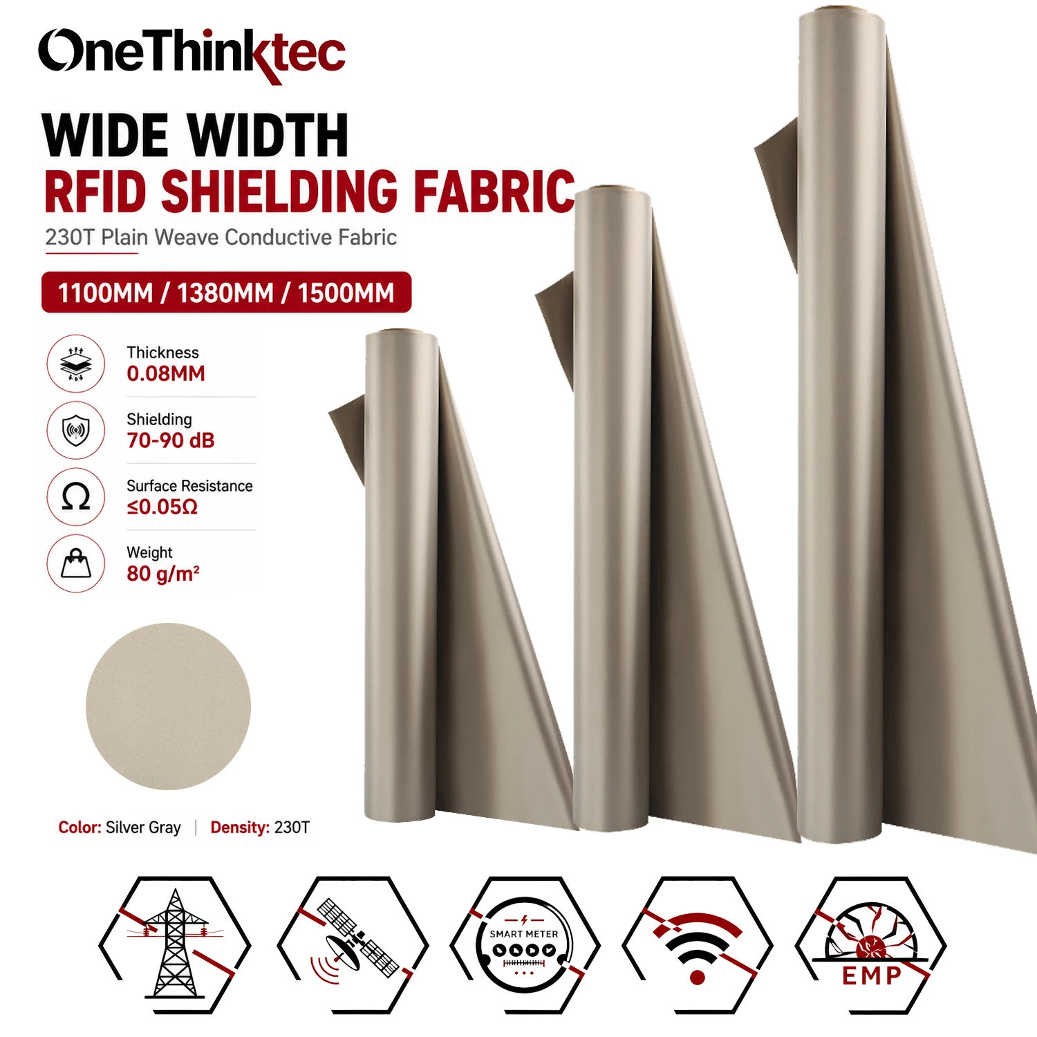 230T Faraday Fabric 1.1m 1.38m 1.5m Wide, Silver Gray EMI EMF RFID 5G WiFi Blocking Cloth for Curtains Wallets Bags DIY