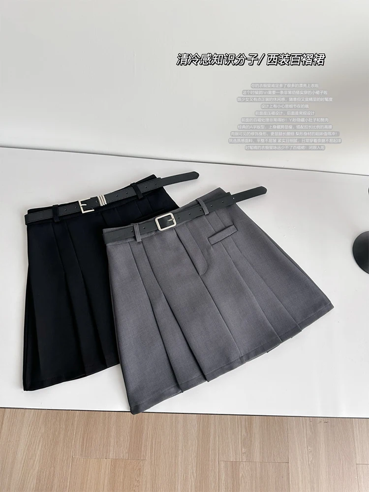 Women Office Lady Old Money Mini A-line Pleated Skirt With Belt 2000s Aesthetic Coquette Gyaru Y2k Streetwear Korean Vintage