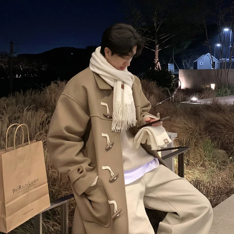 

Turn-down Collar Male Woolen Trench Causal Patchwork Large Pockets Kont Button Men's Windbreaker Korean Trend