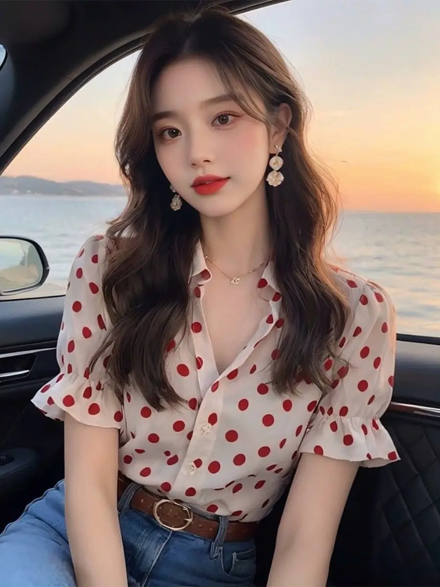 Summer Autumn Spring Casual Commuting Shirt French Light Cooked White Polka Dot Short Sleeved Shirt for Women
