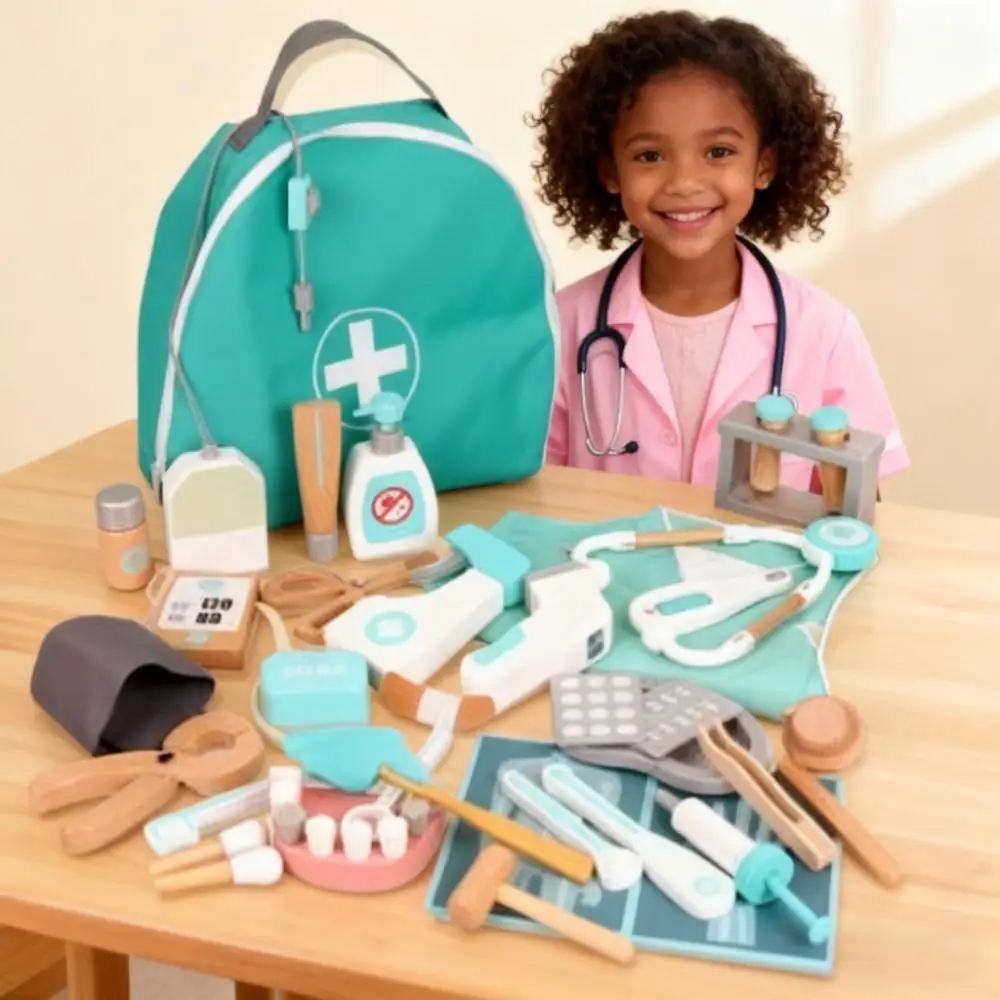 ชุดของเล่นบทบาทสมมติคุณหมอไม้สำหรับเด็ก ชุดอุปกรณ์การแพทย์พร้อมอุปกรณ์เสริม ของเล่นเสริมพัฒนาการสำหรับการเล่นบทบาทสมมติที่บ้าน