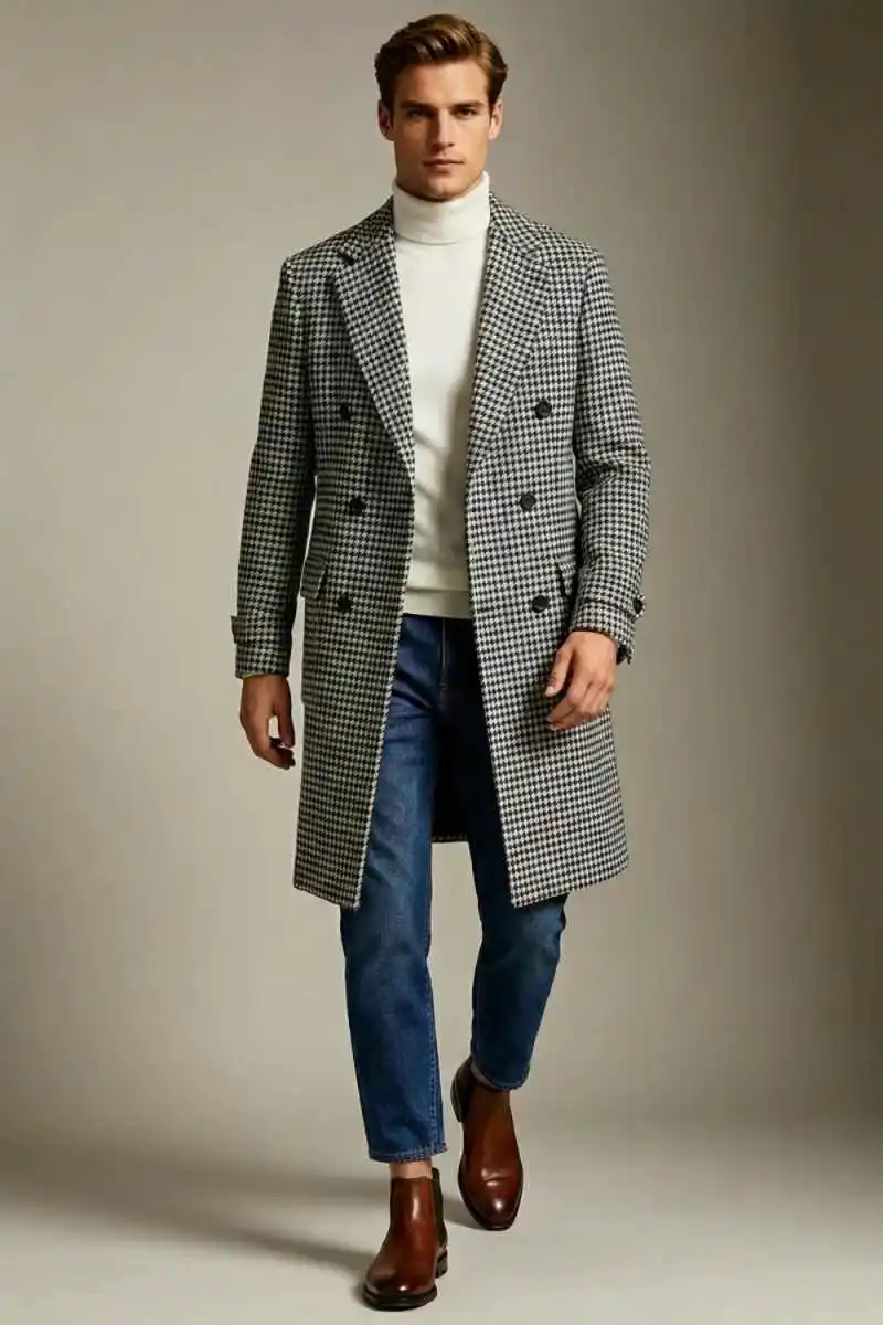 Elegant Checked Male Long Trench Coat Peak Lapel Woolen Jacket Casual Costume For Daily Dating Office Gathering Customized