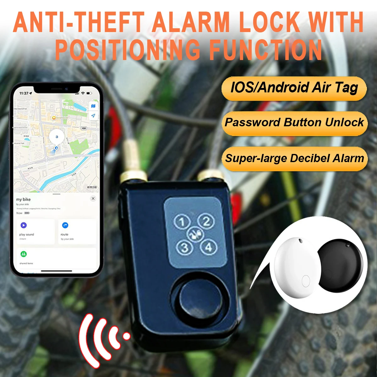 

Водонепроницаемый электронный замок-трос, сигнализация 110 дБ, защита для велосипедов/уличного использования, трекер от угона (Android/iOS/поддержка двух ОС), 1 год работы от батареи