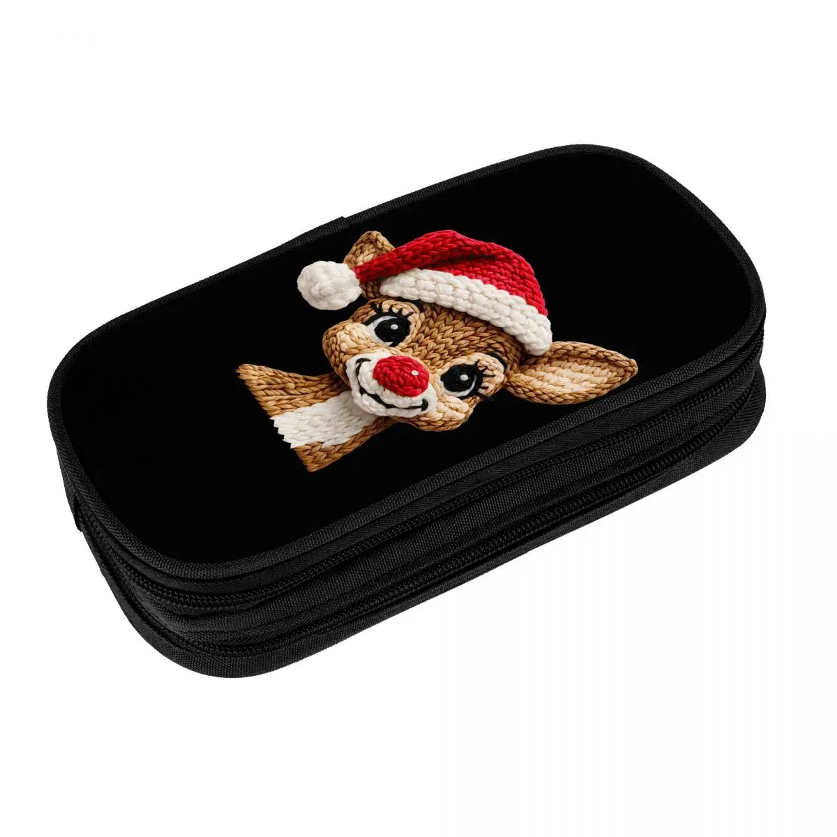 Cute Reindeer Rudolph Crochet Christmas Pencil Case Large Capacity Pencil Box Girls Double Layer Aesthetic School Pencil Cases
