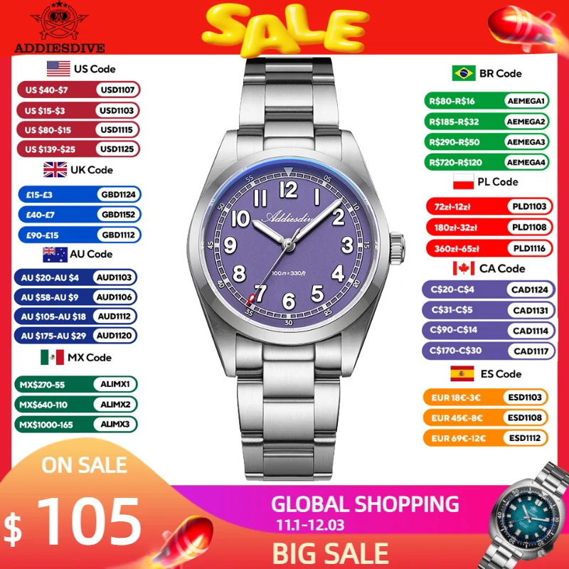 ADDIESDIVE New Quartz Watches Luxury Sapphire 36mm Top Brand Men Wristwatch Luminous 316L Stainless Steel 100m Waterproof Watch