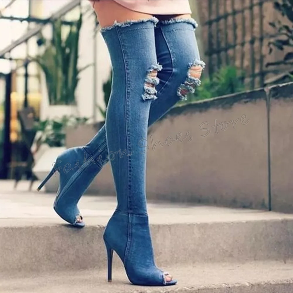 Demin Peep Toe Side Zipper Boots Over the Knee Stilettos High Heels High Heel Shoes for Women Heels 2024 New Zapatos Para Mujere