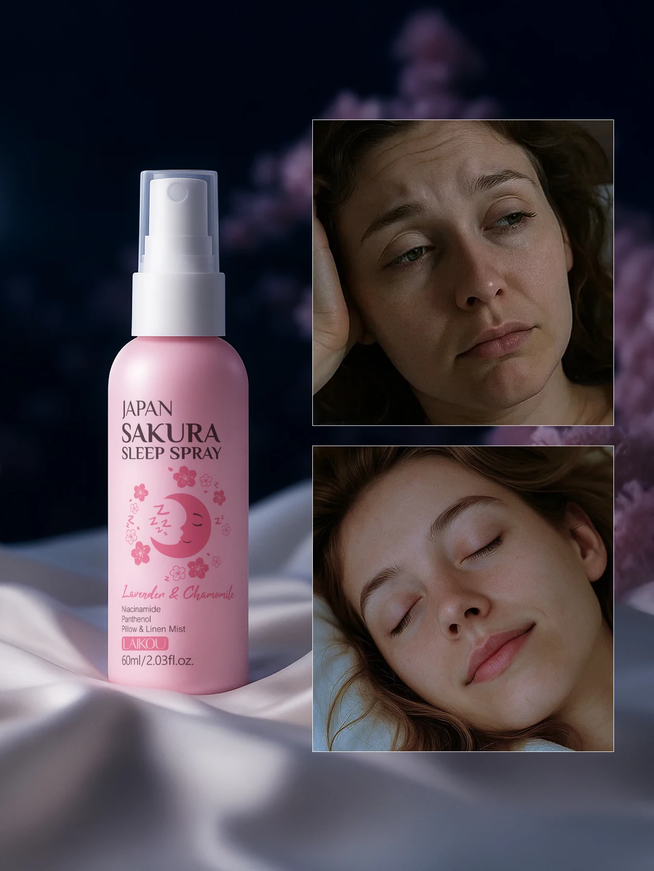 LAIKOUJapanSakuraSleepSpray60mlLavenderChamomileGentleScentSootheRelaxPillowLinenMist