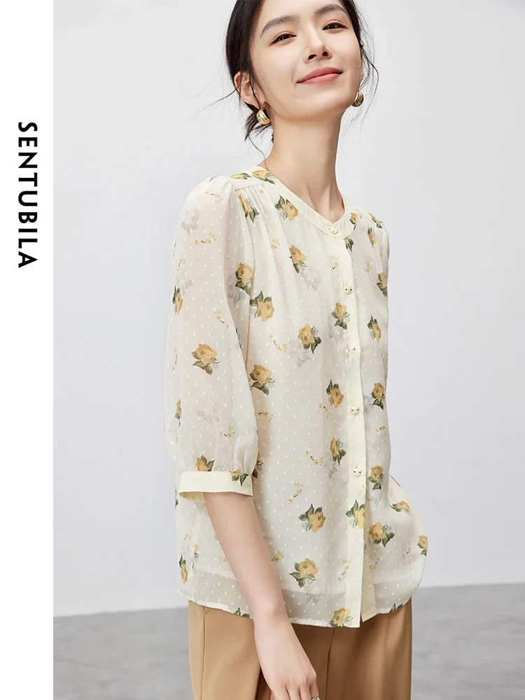 SENTUBILA Print Jacquard Shirt for Women 2024 Summer Chiffon O Neck Three Quarter Lanter Sleeve Comfort Wome Blouse 142V55496