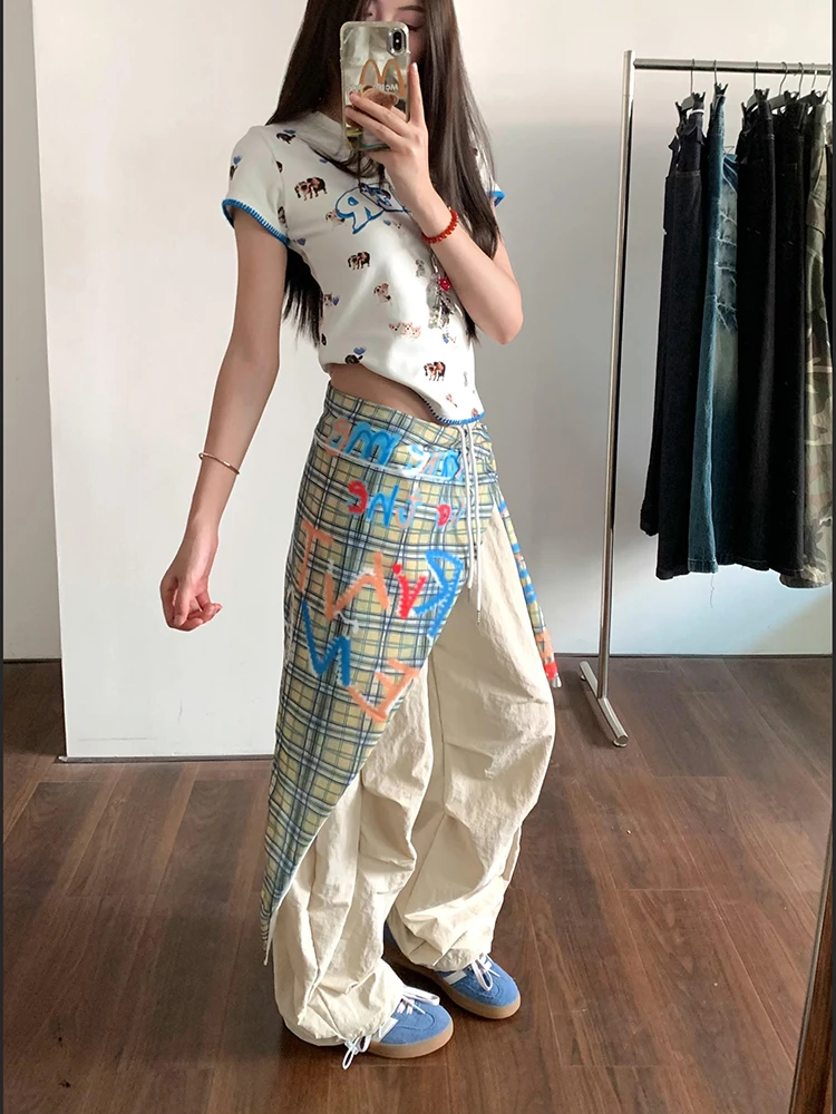 Y2K-ropa de calle para mujer, pantalones Cargo holgados de cintura alta con retales, pantalones de paracaídas Bf Hip Hop, pantalones de chándal de baile de Jazz con cinta que combinan con todo