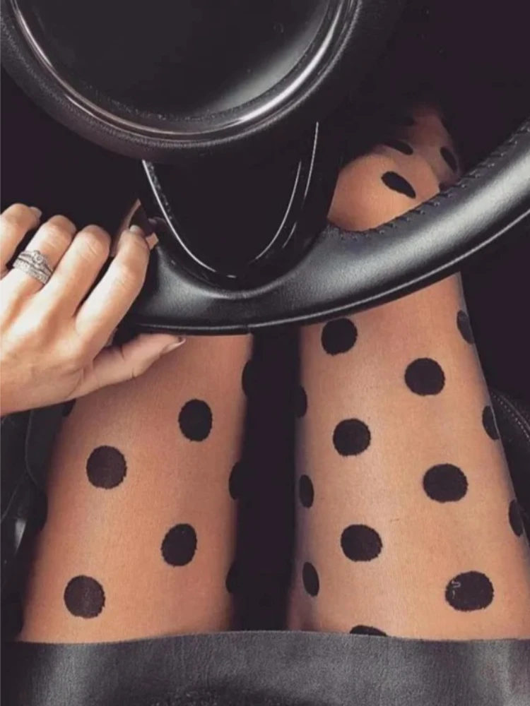Polka-Dot-Strumpfhose für Damen, sexy Netzstrumpfhose, nahtlose Nylonstrumpfhose in Schwarz und Weiß, dünne Seidenstrumpfhose für den Nachtclub