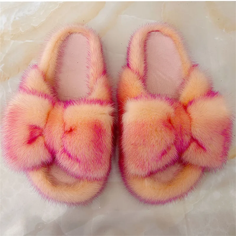 

Fur Slippers Ladies Winter Fluffy Mink Fur Slipper 100% Mink Fur Sandals Home Slippers Girls Outdoor Plush Flip Flops Slippers