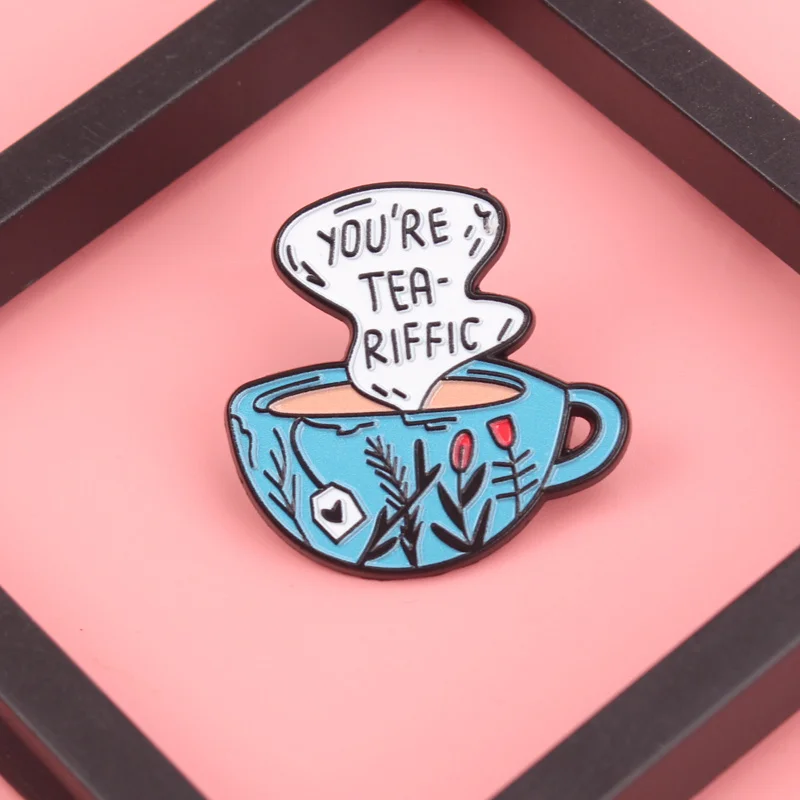 Tea-rrific Praise Pin - Cobalt Teacup Blooms with Steamy Compliments in Botanical Charm [Kawaii Tea Lover Jewelry]