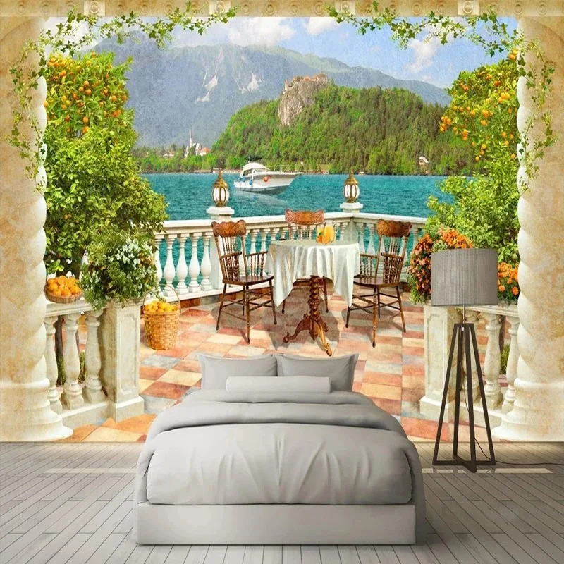 Custom Photo Wall Papers 3D Pillar Balcony Lake View Murals Living Room Bedroom Restaurant Background Wallpaper Roll Home Decor