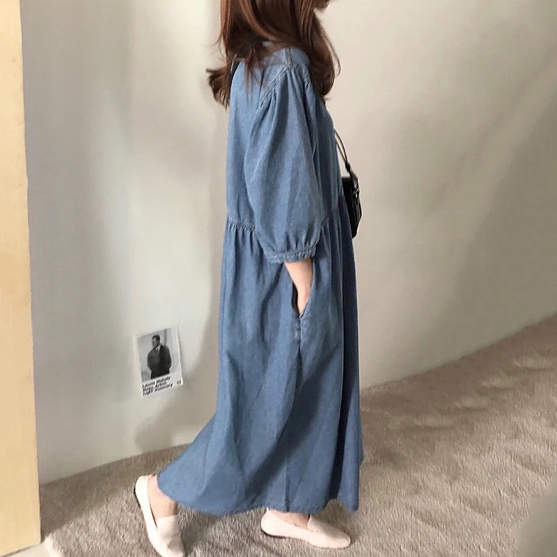 Retro Lazy Sle round Ne High Waist Loose ket Seven Sve Wa Blue Jeans Long Dr Chic Commute Loose Waist