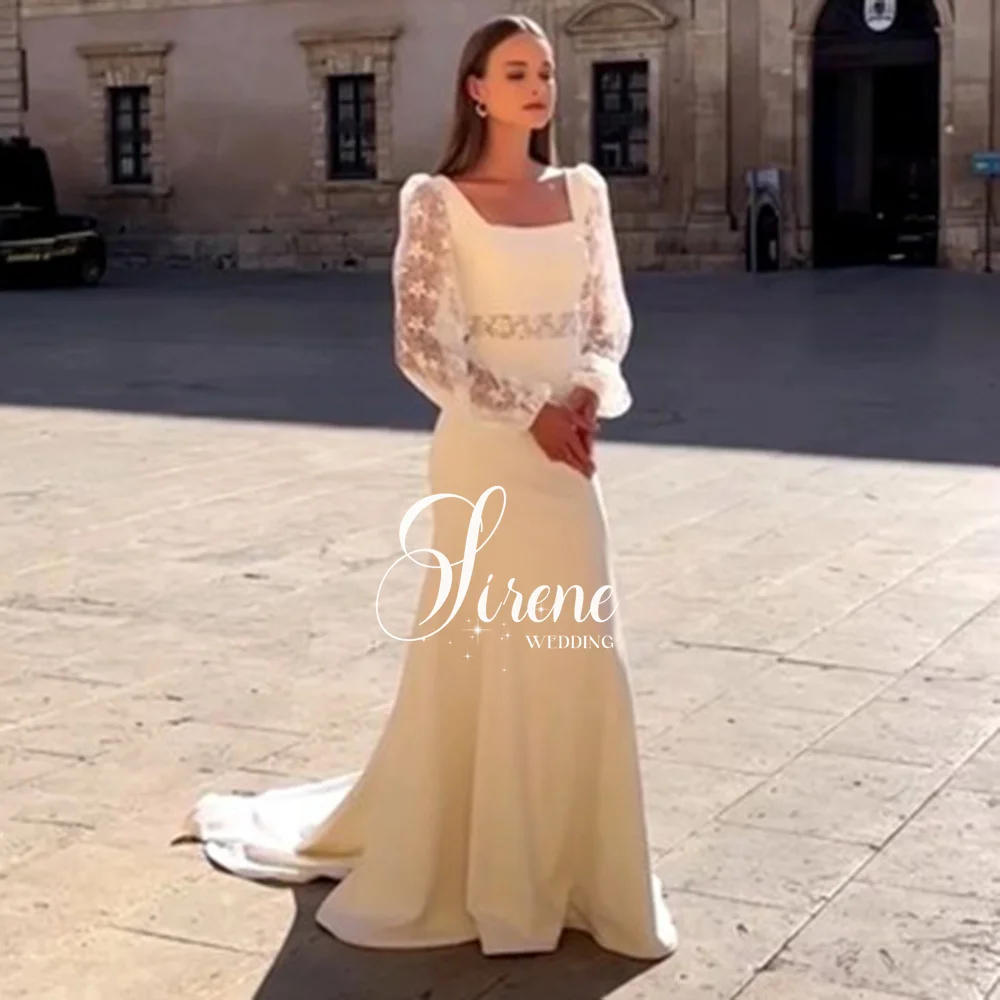 Sirene Elegant Square Collar Sheath Wedding Dresses Long Lantern Sleeves Lace Appliques Modern Bride Gowns Spandex Sweep Train