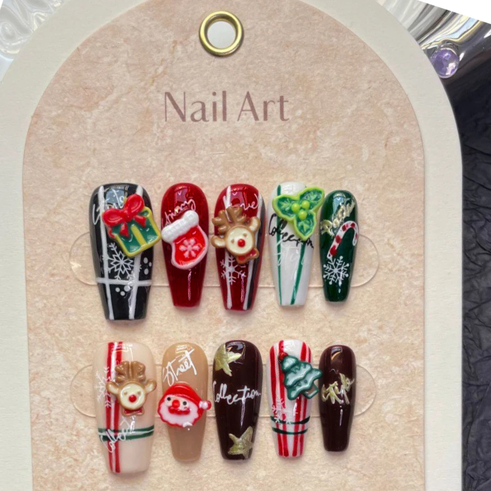 

10Pcs Long Coffin Press-On Nails Santa Reindeer Christmas Mistletoe Snowflake Reusable Handmade False Nail 3D Design for Holiday