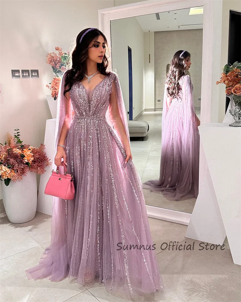 SUMNUS-vestidos de noche de sirena brillantes, capa para fiesta de boda, manga larga de lujo con lentejuelas, vestido Formal árabe para graduación,