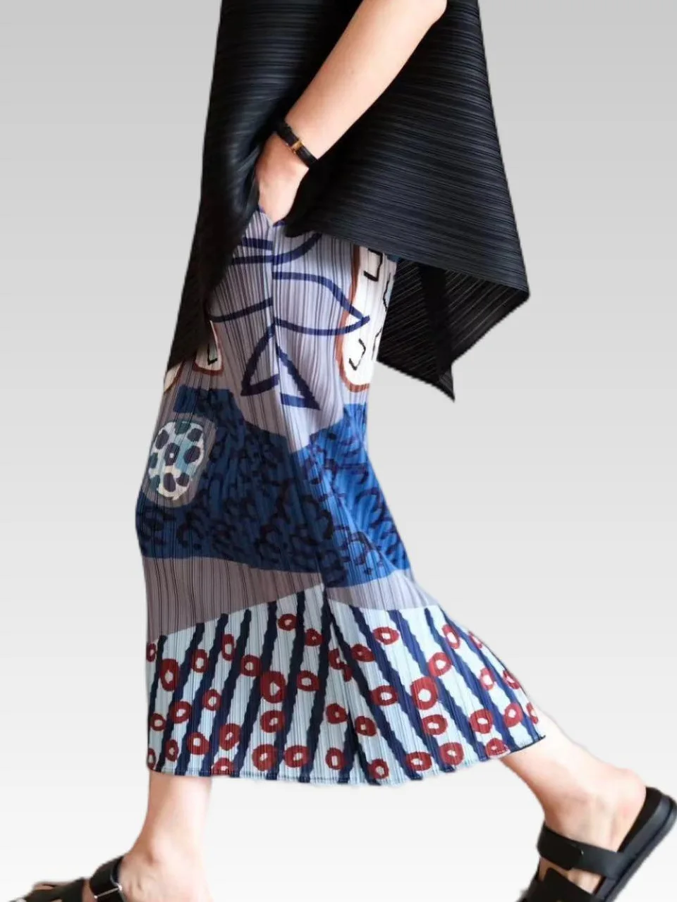 Travel Vacation Floral Print Half Skirt Women's Summer Side Slit Three Fold Pleat  Skirt Straight Cut High Waist Skirt