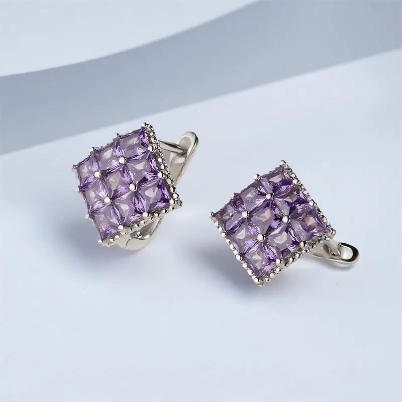 كبير مربع الأرجواني كريستال الأبيض الزركون هوب أقراط للنساء خمر فضي اللون الزفاف الأذن مشبك مجوهرات الخطوبة الزفاف