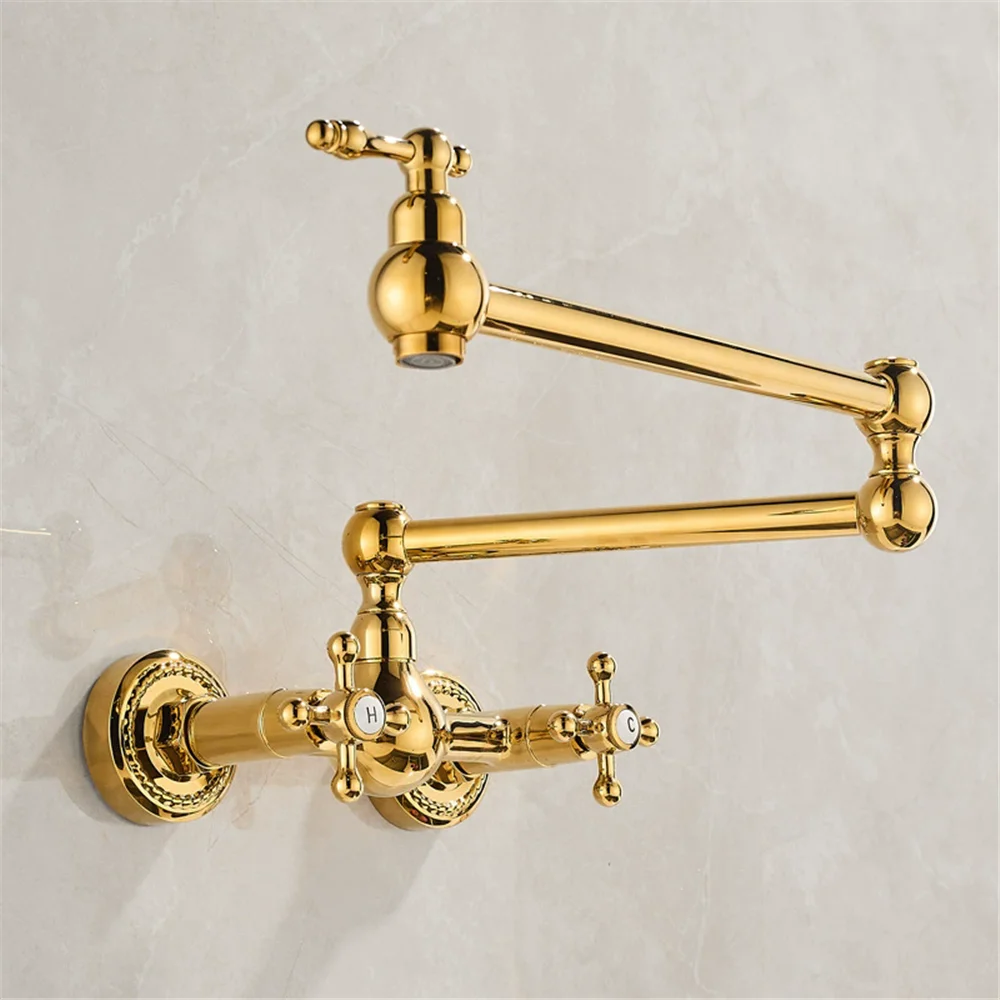 Gold Pot Filler Tap Wall Mounted Foldable Antique Kitchen Faucet Hot Cold Sink Tap Rotate Folding Spout Brushed Gold Brass