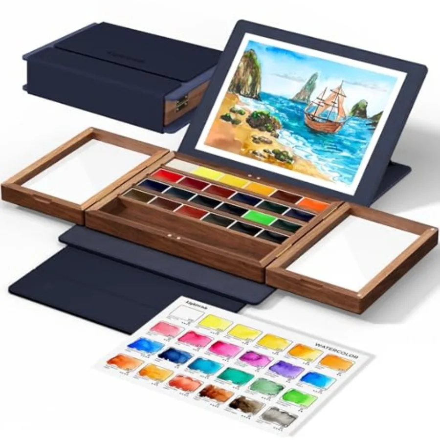 Set de Pintura de Acuarela de 24 Colores Vibrantes con Paleta de Madera de Nogal, Estuche de Cuero Sintético con Ángulos Ajustables, Portátil para Viaje