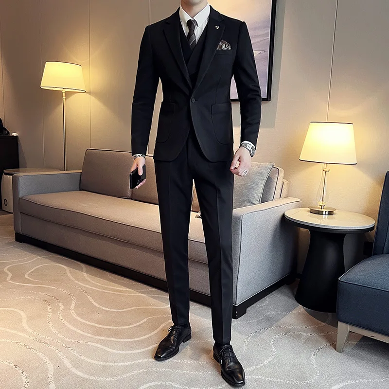 6965 Thickened solid color textured three-piece suit