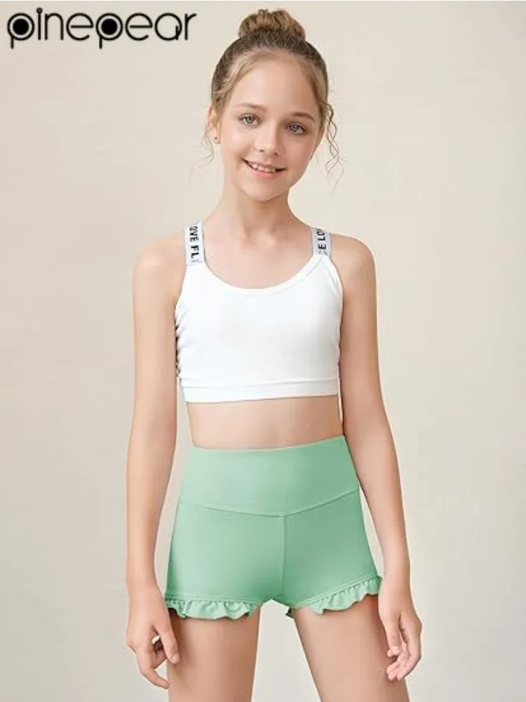 PinePear 2026 Summer Girls Athletic Ruffle Shorts High Waisted Yoga Dance Shorts Comfy Workout Gymnastics Shorts
