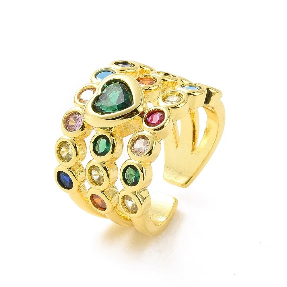 Colorful Cubic Zirconia Heart Open Cuff Ring Rack Plating Brass Line Wide Ring for Women Cadmium Free Lead Free