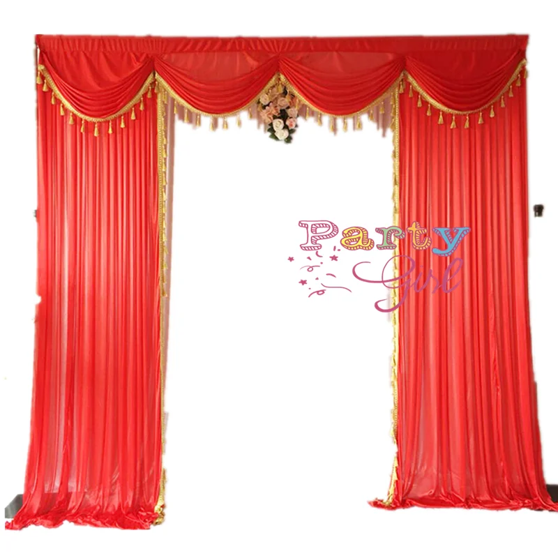 

10x10ft Red Ice Silk Swags With Gold Tassel For Wedding Backdrop Photo Booth Stage Background Event Banquet Decoration