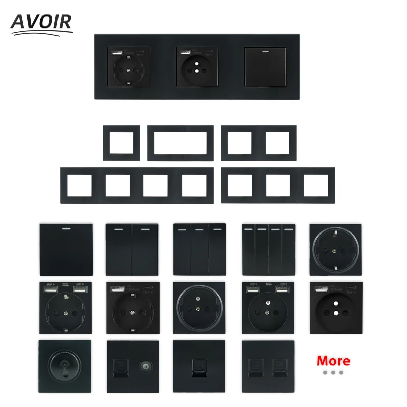 Avoir Black Wall Power Socket Light Switch PC Panel Type C Usb Plug EU French 16A Electrical Outlets Moudle DIY Free Combination