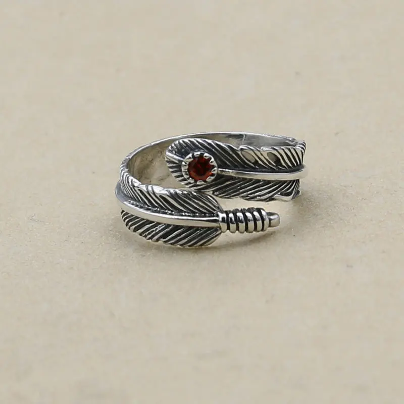 

Handmade Jewelry Thai Silver Feather Red Crystal Ring s925 Sterling Silver Couple Ring Live Tail Ring