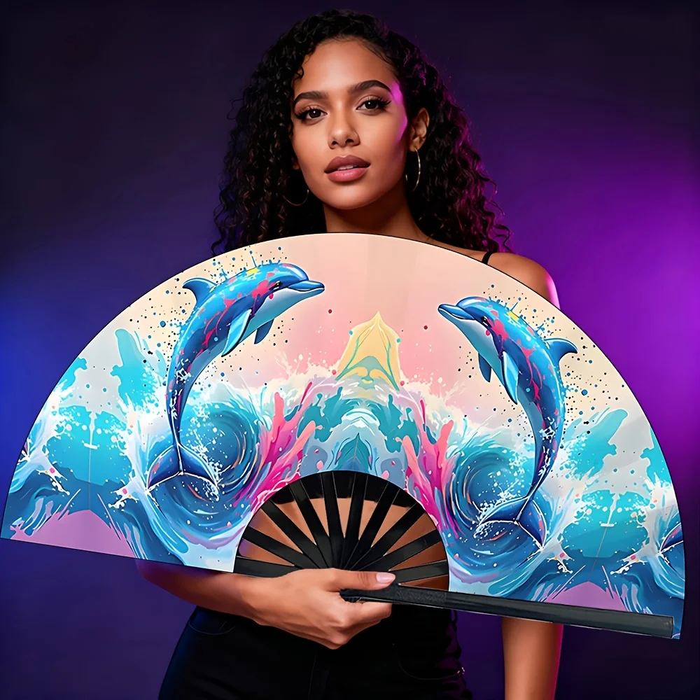 Vibrant Dolphins Leap from the Waves, Summer Fans Perfect for Celebrations, Music Festivals, and Birthday Gifts, Fashionable and Eye-catching Women's Folding Fans