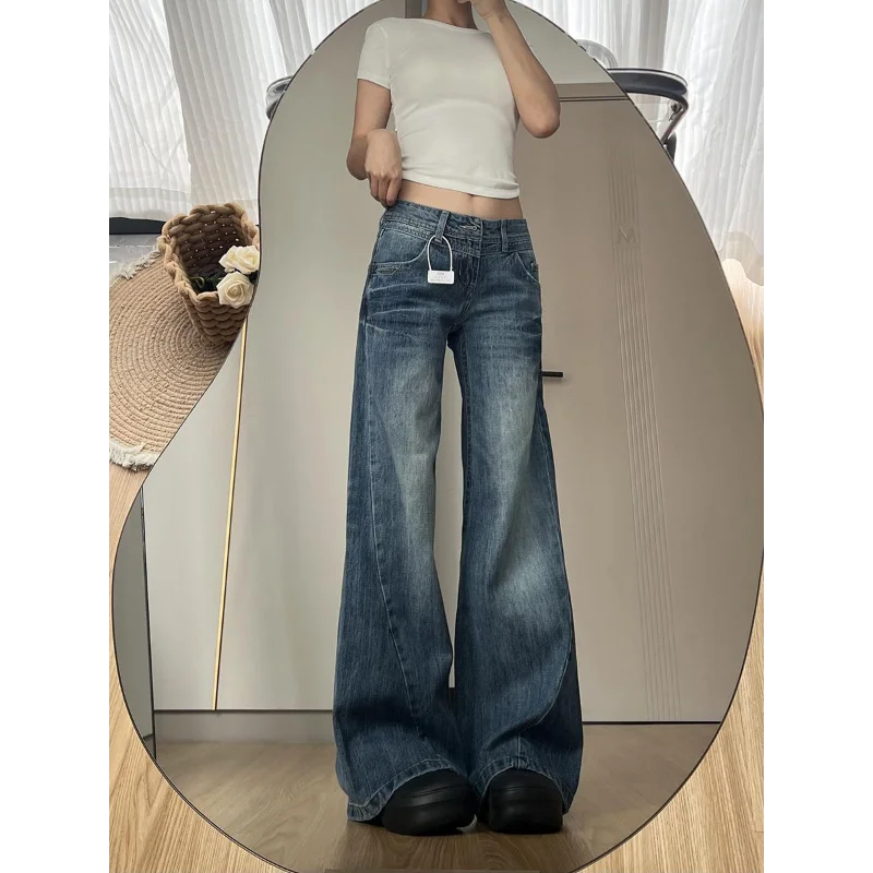 Jeans caldi estivi da donna che lavano pantaloni larghi a gamba larga a vita bassa con hottie americano retrò