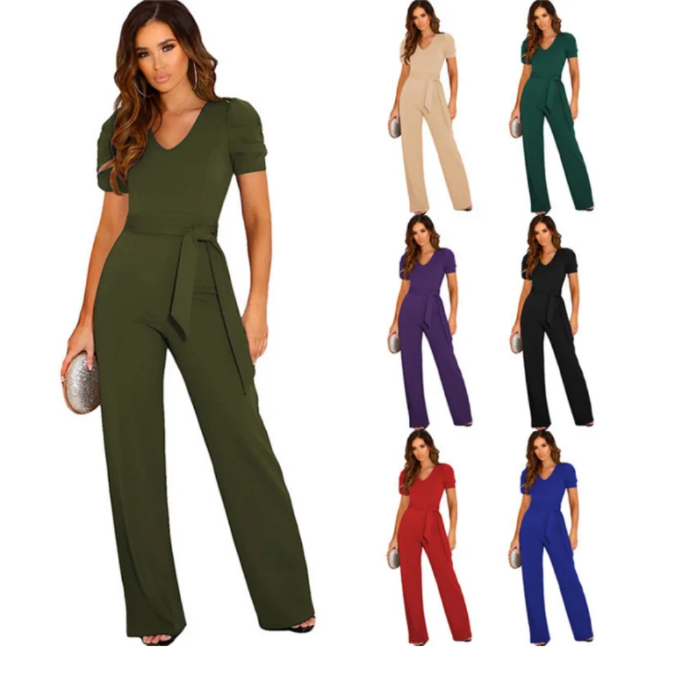 

2024 Summer Waist Wrapped Jumpsuit Women's Solid Color V-neck Short Sleeve Wide Leg Long Pants Rompers And Jumpsuits For Women