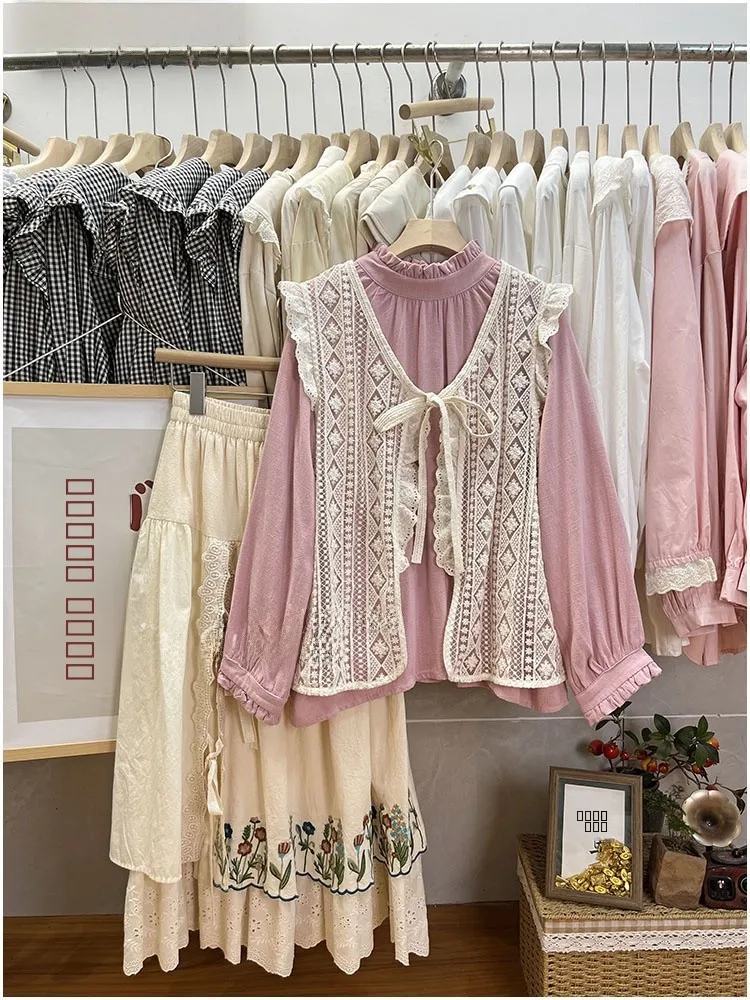 เสื้อกั๊กผูกเชือกสไตล์ญี่ปุ่น แต่งลูกไม้ ดีไซน์หวาน ไซส์เล็ก ช่วยพรางหุ่น เสื้อคลุมแฟชั่นผู้หญิง สำหรับฤดูใบไม้ผลิ