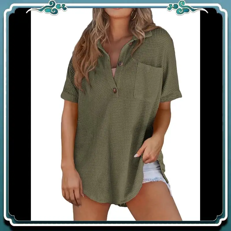 

A65G-Women Waffle Knit Tops Henley Shirts Short Sleeve V Neck Solid Color Casual Tunic