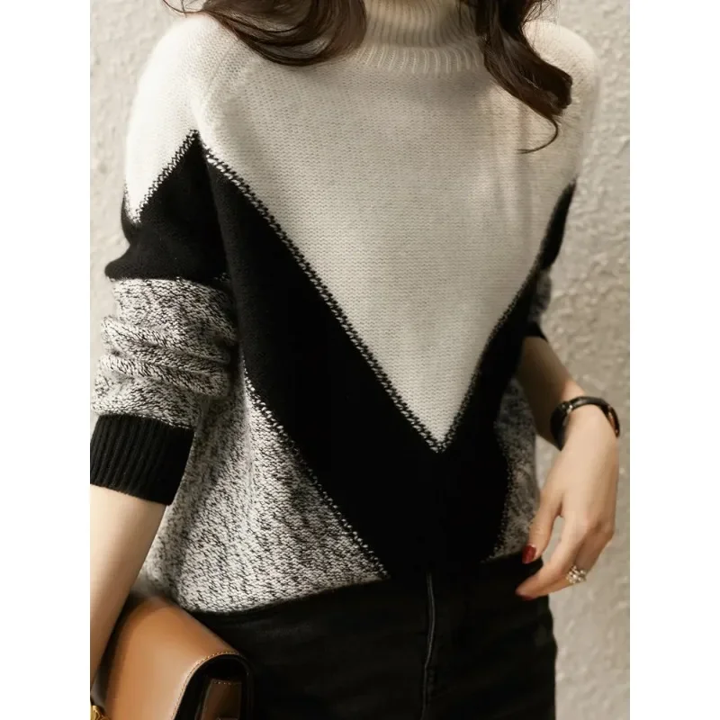 Sweater Turtleneck hangat wanita, Atasan musim dingin Pullover komuter elegan longgar kasual Retro warna kontras jumper N147