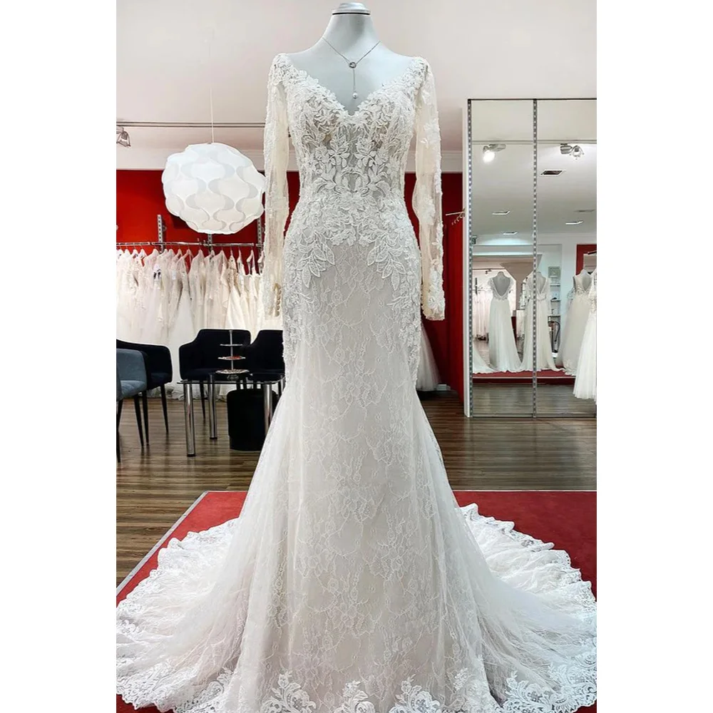 

Ivory Lace Appliques Mermaid Trumpet Wedding Dresses Chapel Train Custom Made Long Sleeves Tulle Floor-Length Bridal Gowns