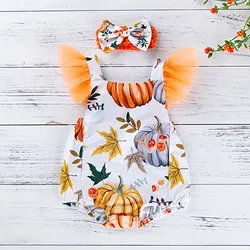 Baby Girl Clothes Pumpkin Print Bodysuit Halloween Baby Toddler Kids Romper Outfits Girls Sleeveless Bow Decor for Girls Outfits