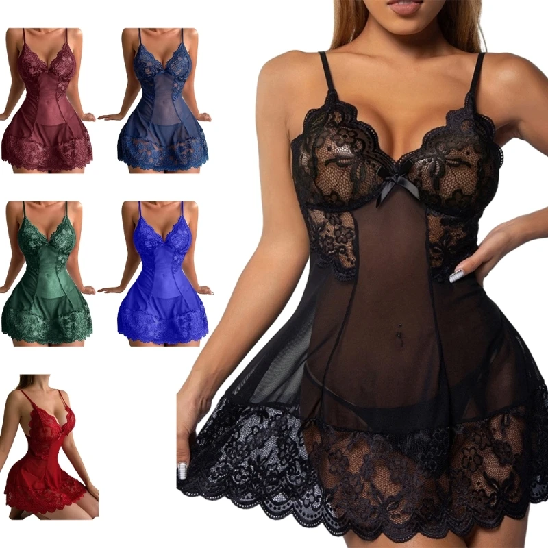 

Women Lace Lingerie Nightgown Sexy Deep V-Neck Sleepwear Babydoll Lingerie Dress Mesh Lingerie Nightdress Mesh