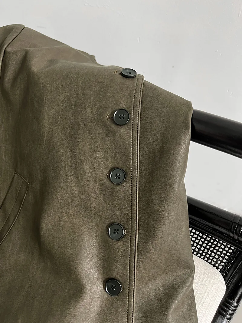 2024 Spring Pu Leather O-Neck Jacket Fashion Women Classic Army Green Color Jacket Femme Streetwear Women Tops Clothes