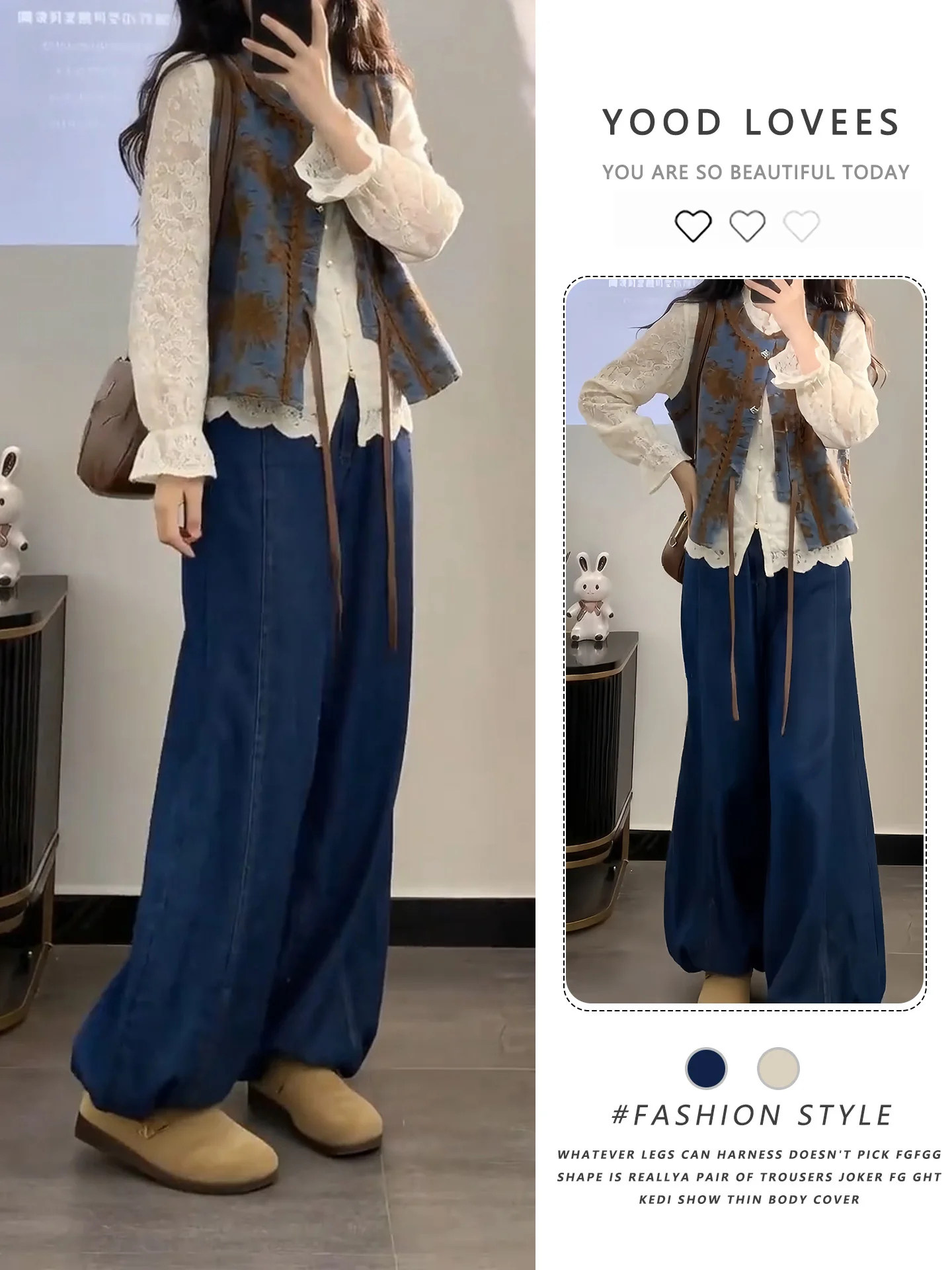 

Spring Autumn Vintage Design plus Size MM Three Piece Set Shirt Jeans Vest Casual Fashion Ensemble High Waist Button Closure