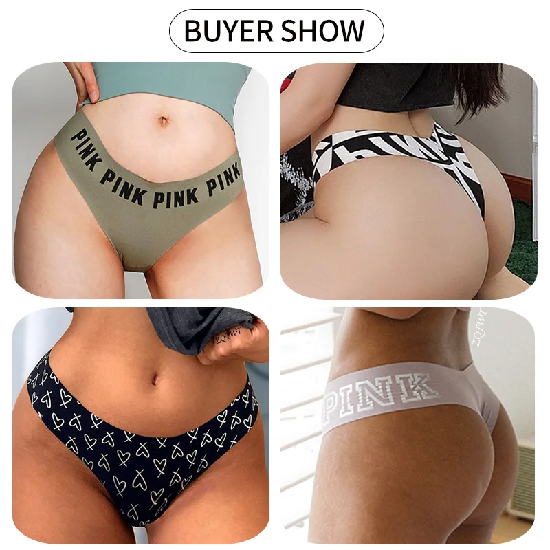 Sexy Women G String Underwear Panties PINK Letter Thongs Seamless Briefs Soft Heart Lingerie Low Waist Lady Erotic Girls Thong