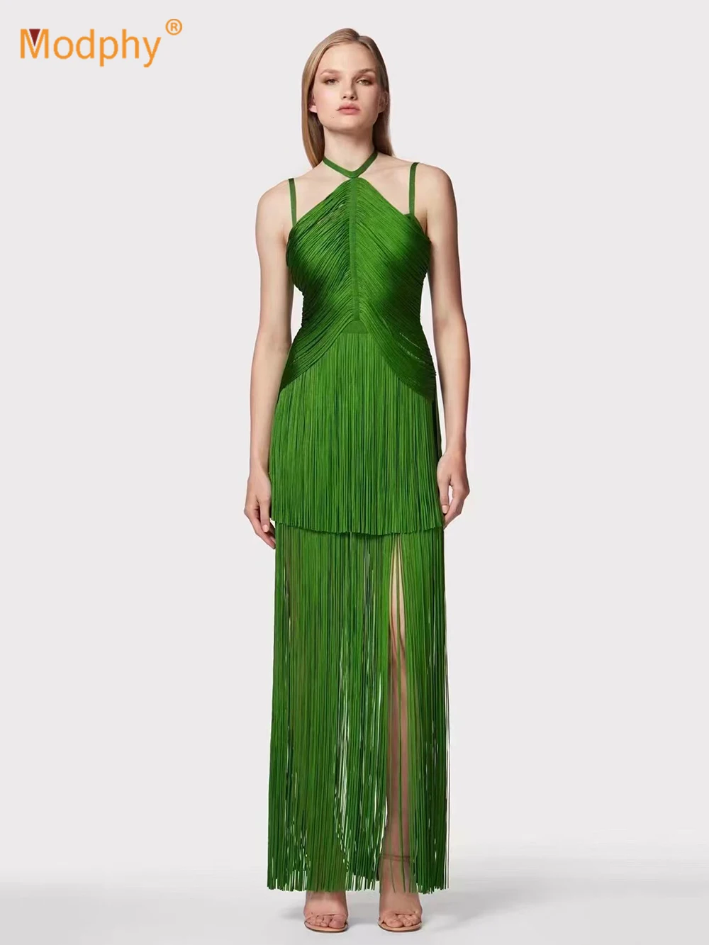 

Modphy Sexy Halter Straps Tassel Maxi Long Dress Women Green Sleeveless Backless Bodycon Dress Elegant Evening Prom Party Gowns