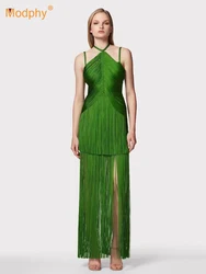 Modphy Sexy Halter Straps Tassel Maxi Long Dress Women Green Sleeveless Backless Bodycon Dress Elegant Evening Prom Party Gowns