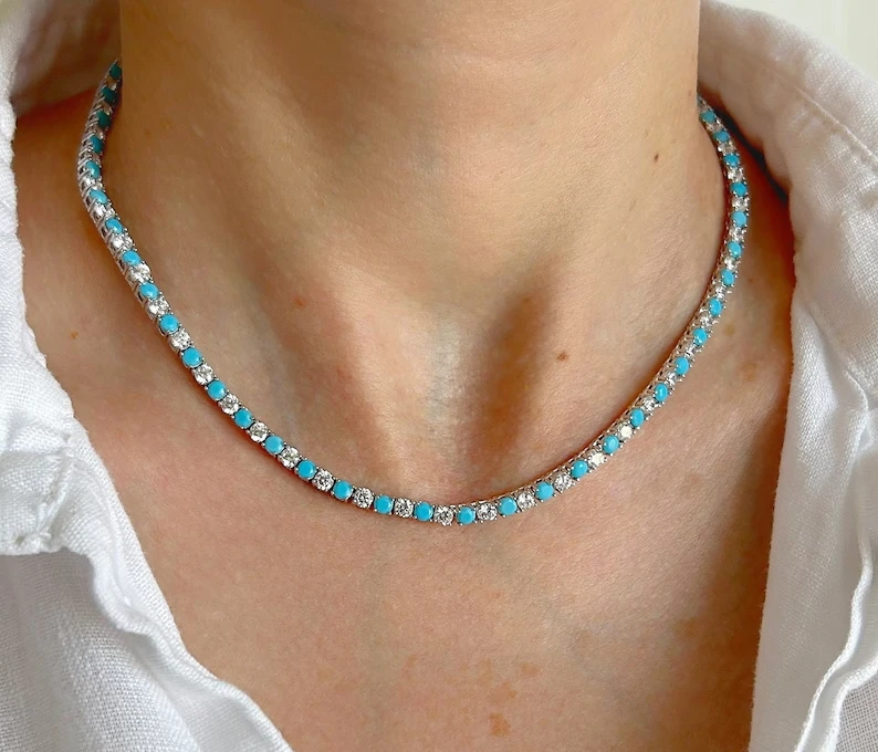 

White CZ Blue Turquoises Stone Tennis Chain Choker Necklace For Women High Quality Fashion Jewelry