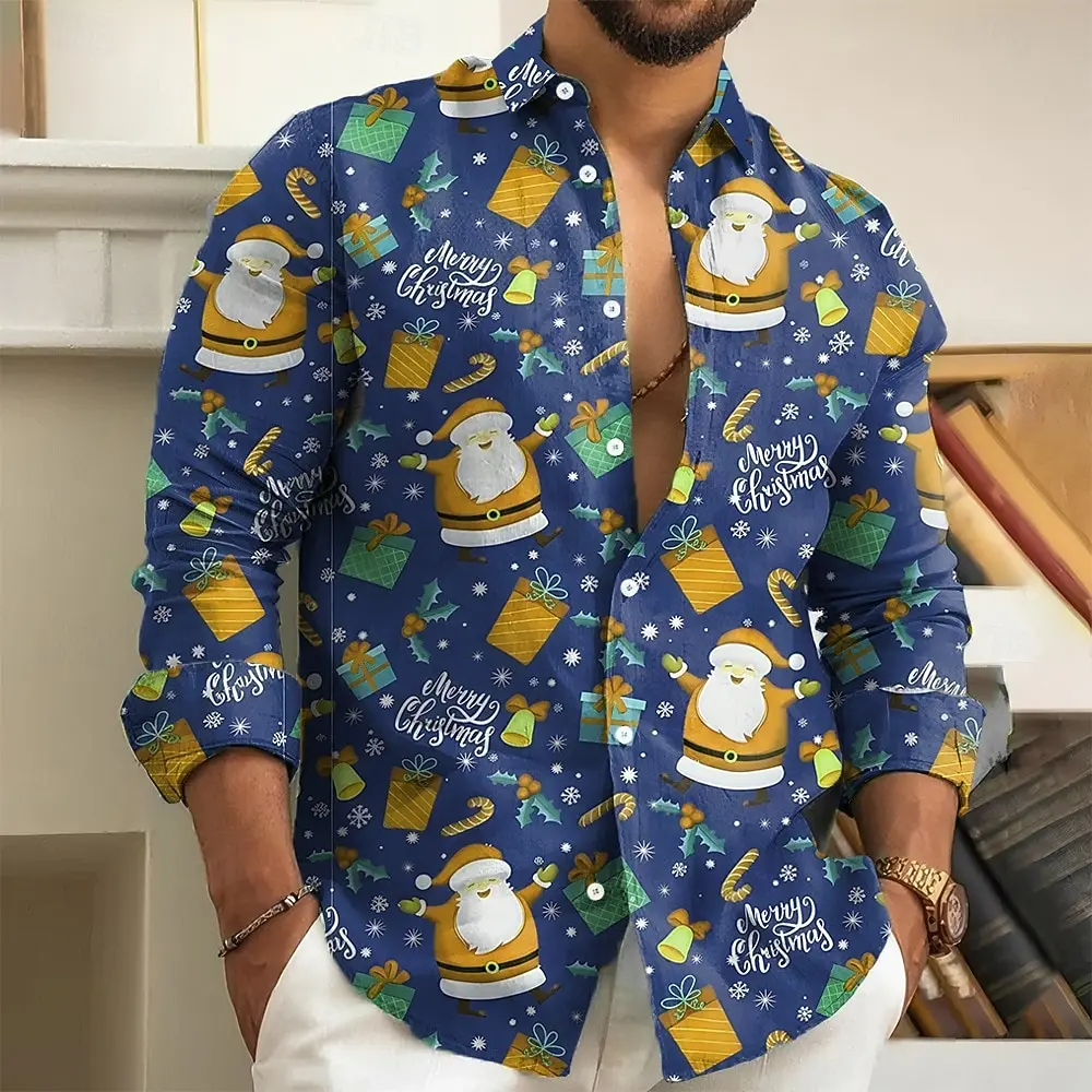 Christmas Men's Santa Claus Funny Christmas Gift Shirt Button Up Shirt Long Sleeve Funny Outdoor Holiday Spring Fall Turndown