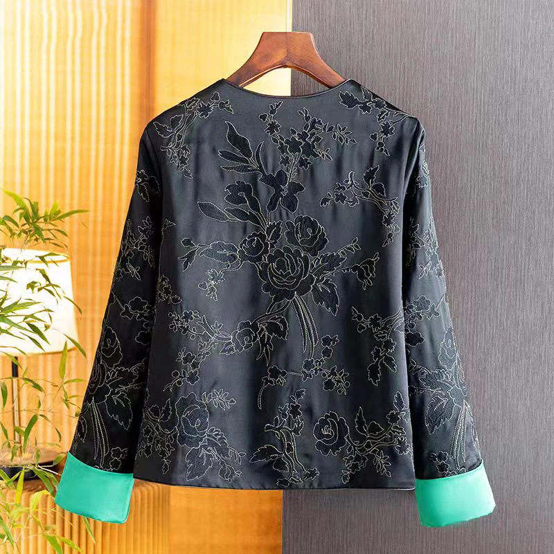 Advanced New Chinese Style Black Women's Acetate Fabric Embroidered Coat Autumn New O-Neck Contrast Cuffs Fashion Jacket S-XL