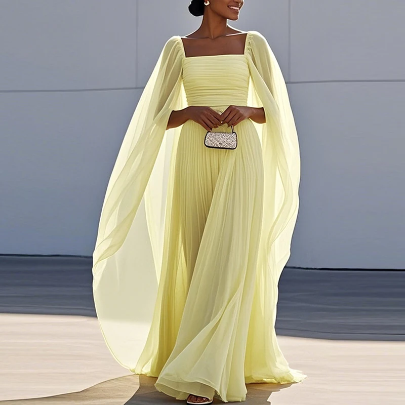 

Элегантное пляжное платье с завышенной талией, весеннее женское платье с квадратным вырезом, плиссированное праздничное платье, новое модное шифоновое длинное платье с рукавами-шарфами